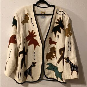Victor Camarena Wearable Art Jacket Womens XL cream Appliqué Open Front Mexico